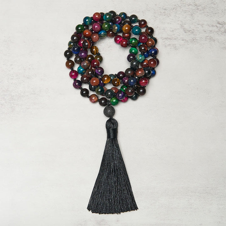 Mala de force à pompon en Buddha Stones multicolores : œil de tigre jaune, œil de tigre vert, œil de tigre bleu, œil de tigre rouge. - Œil de tigre - image 0
