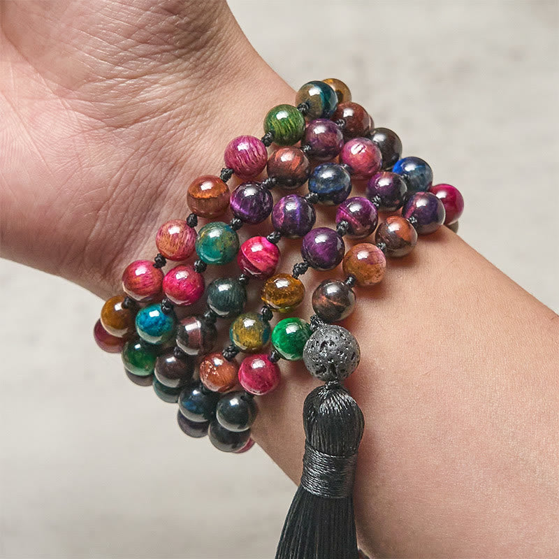 Mala de force à pompon en Buddha Stones multicolores : œil de tigre jaune, œil de tigre vert, œil de tigre bleu, œil de tigre rouge. - image 2