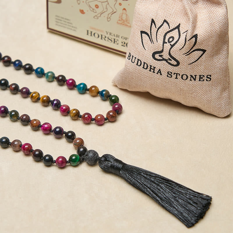 Mala de force à pompon en Buddha Stones multicolores : œil de tigre jaune, œil de tigre vert, œil de tigre bleu, œil de tigre rouge. - image 3