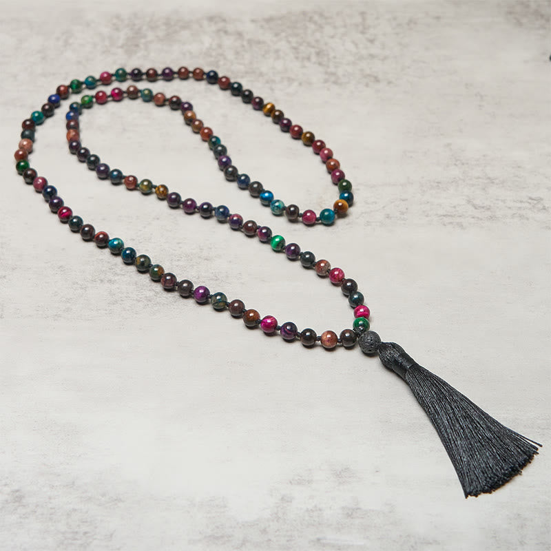 Mala de force à pompon en Buddha Stones multicolores : œil de tigre jaune, œil de tigre vert, œil de tigre bleu, œil de tigre rouge. - image 1