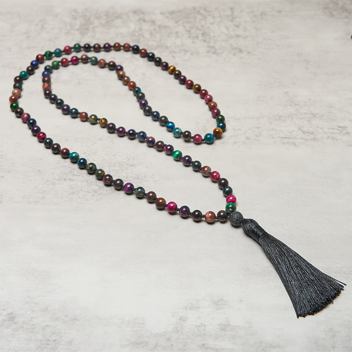Mala de force à pompon en Buddha Stones multicolores : œil de tigre jaune, œil de tigre vert, œil de tigre bleu, œil de tigre rouge. - image 1