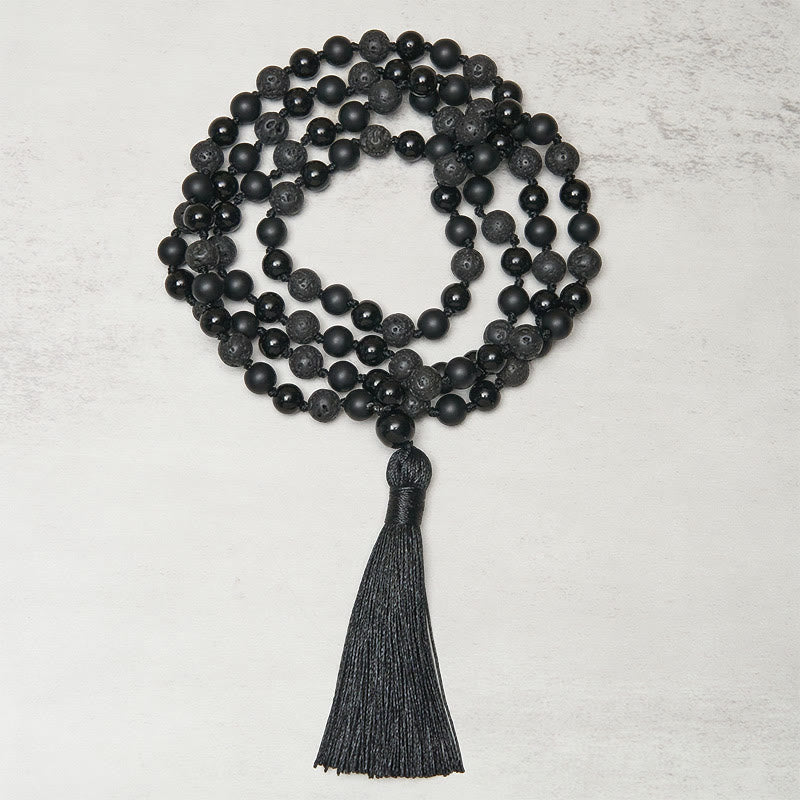 Buddha Stones, onyx noir, pierre de lave, pompon, mala de protection et de fortune - image 1