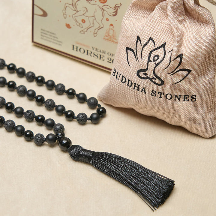 Buddha Stones, onyx noir, pierre de lave, pompon, mala de protection et de fortune - image 5