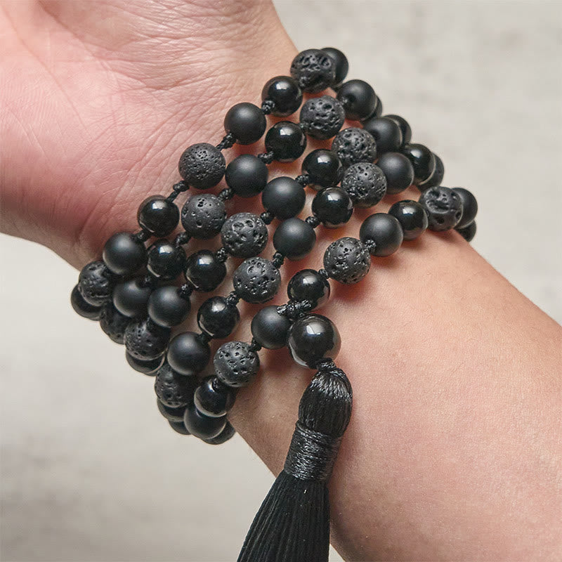 Buddha Stones, onyx noir, pierre de lave, pompon, mala de protection et de fortune - image 3