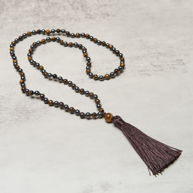 Mala de 108 Buddha Stones , œil de tigre et hématite, avec pompon, symbole de courage et de force - image 2