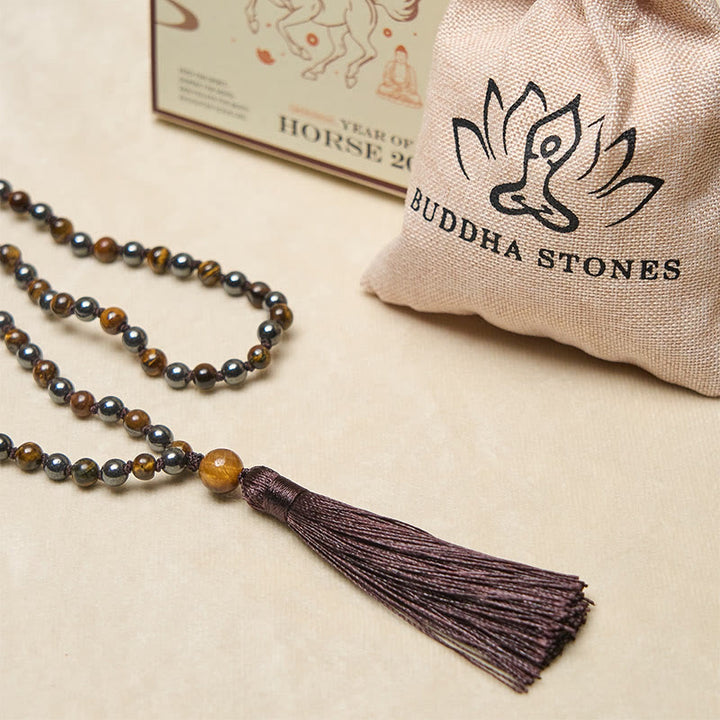 Mala de 108 Buddha Stones , œil de tigre et hématite, avec pompon, symbole de courage et de force - image 6