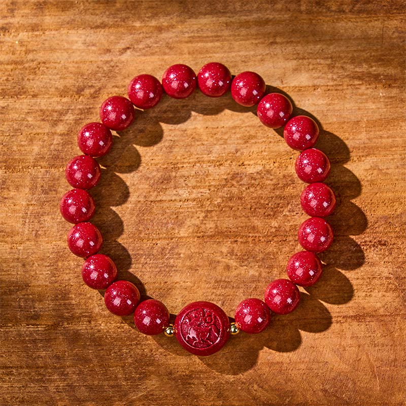 Bracelet en cinabre sculpté, orné de Buddha Stones , symbole de paix et de bénédiction, année du Cheval du zodiaque chinois, signe du Bouddha. - image 1