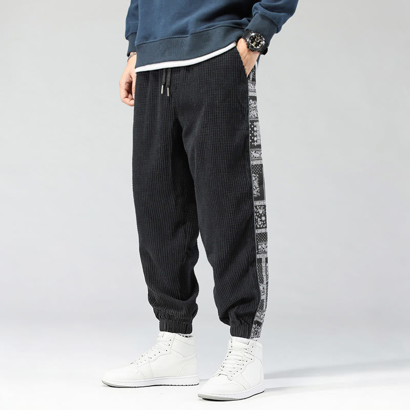 Pantalon homme en velours côtelé, coupe droite, longueur cheville, avec poches, motif cachemire et cordon de serrage latéral, orné de Buddha Stones. - image 2