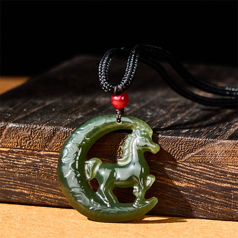 Buddha Stones, zodiaque chinois, année du Cheval, pendentif en jade sculpté, porte-bonheur et prospérité, collier - image 1