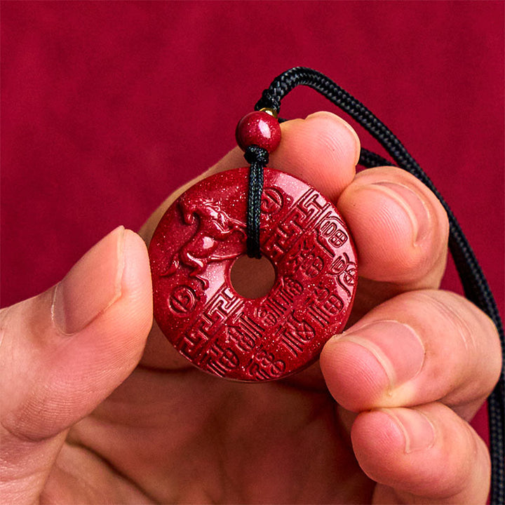 Pendentif en cinabre avec boucle de la paix et symbole de bénédiction, orné du caractère Fu sculpté, représentant l'année du Cheval et Buddha Stones. - image 3