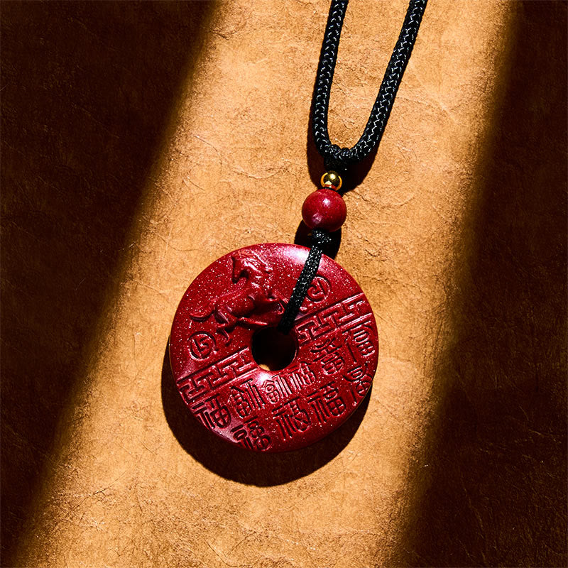 Pendentif en cinabre avec boucle de la paix et symbole de bénédiction, orné du caractère Fu sculpté, représentant l'année du Cheval et Buddha Stones. - image 2