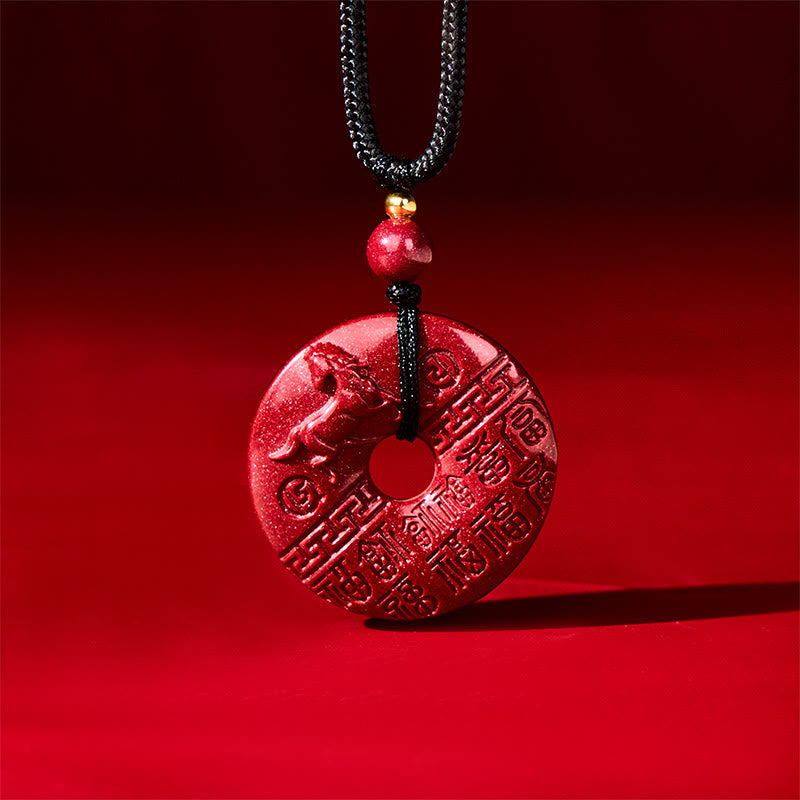 Pendentif en cinabre avec boucle de la paix et symbole de bénédiction, orné du caractère Fu sculpté, représentant l'année du Cheval et Buddha Stones. - image 1