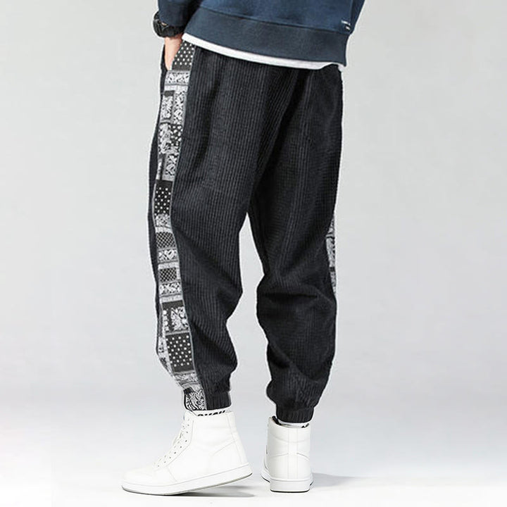 Pantalon homme en velours côtelé, coupe droite, longueur cheville, avec poches, motif cachemire et cordon de serrage latéral, orné de Buddha Stones. - image 4