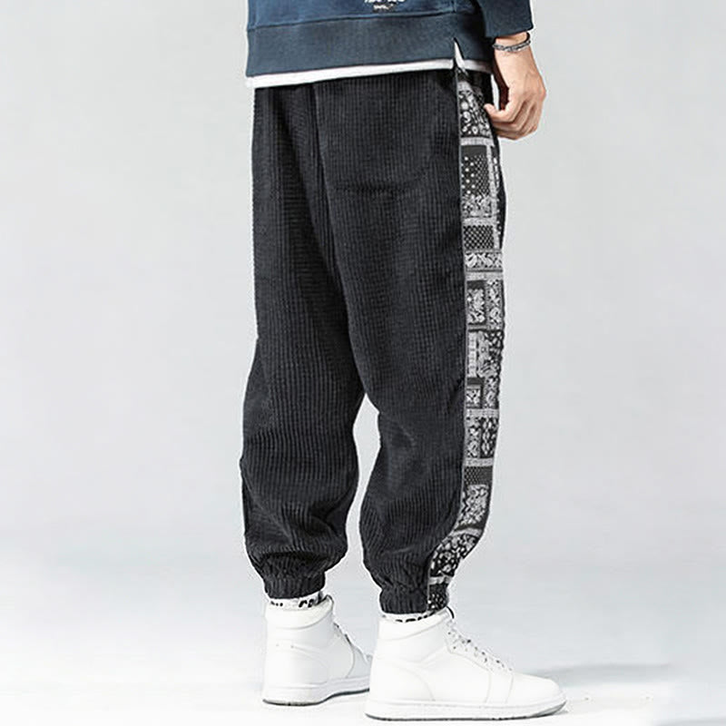 Pantalon homme en velours côtelé, coupe droite, longueur cheville, avec poches, motif cachemire et cordon de serrage latéral, orné de Buddha Stones. - image 3