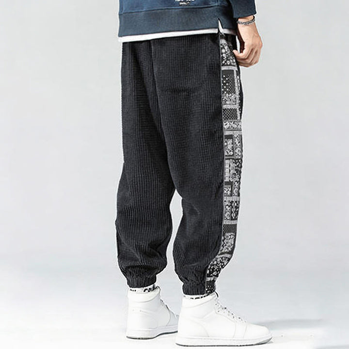 Pantalon homme en velours côtelé, coupe droite, longueur cheville, avec poches, motif cachemire et cordon de serrage latéral, orné de Buddha Stones. - image 3