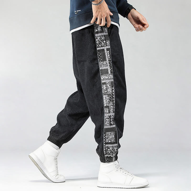 Pantalon homme en velours côtelé, coupe droite, longueur cheville, avec poches, motif cachemire et cordon de serrage latéral, orné de Buddha Stones. - image 5