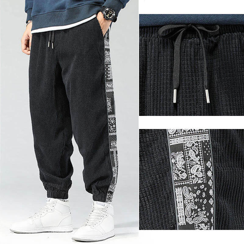 Pantalon homme en velours côtelé, coupe droite, longueur cheville, avec poches, motif cachemire et cordon de serrage latéral, orné de Buddha Stones. - image 8
