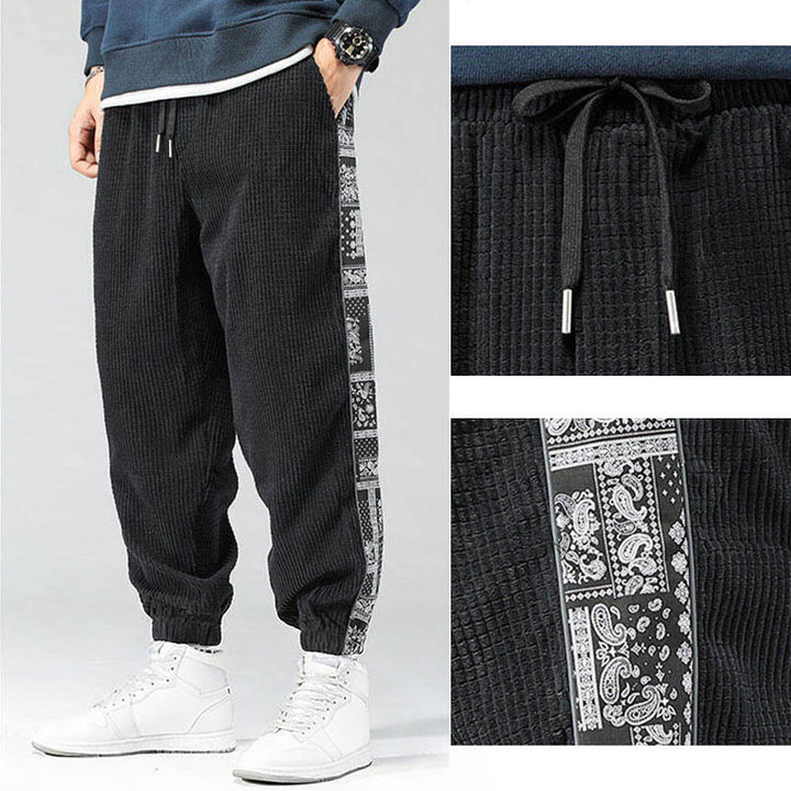 Pantalon homme en velours côtelé, coupe droite, longueur cheville, avec poches, motif cachemire et cordon de serrage latéral, orné de Buddha Stones. - image 8