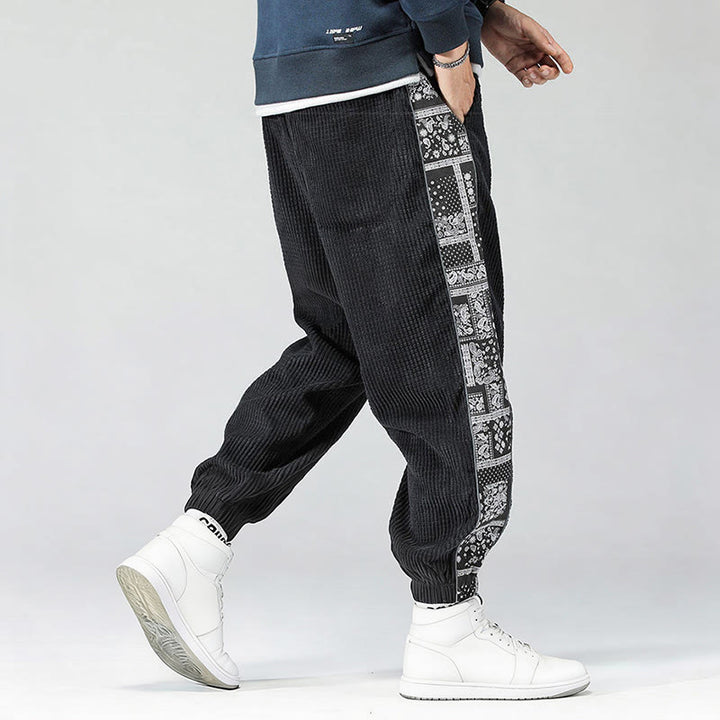 Pantalon homme en velours côtelé, coupe droite, longueur cheville, avec poches, motif cachemire et cordon de serrage latéral, orné de Buddha Stones. - image 6