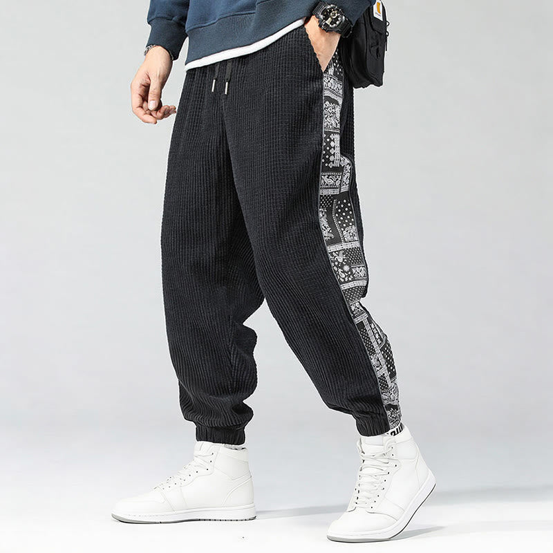 Pantalon homme en velours côtelé, coupe droite, longueur cheville, avec poches, motif cachemire et cordon de serrage latéral, orné de Buddha Stones. - image 1