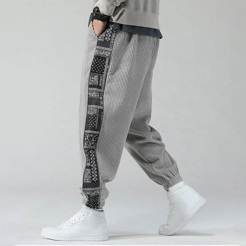 Pantalon homme en velours côtelé, coupe droite, longueur cheville, avec poches, motif cachemire et cordon de serrage latéral, orné de Buddha Stones. - image 17