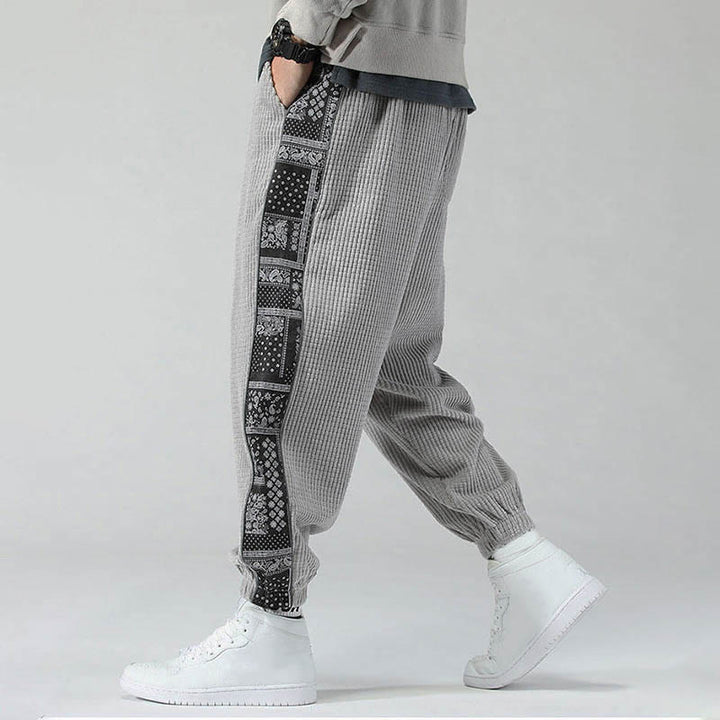 Pantalon homme en velours côtelé, coupe droite, longueur cheville, avec poches, motif cachemire et cordon de serrage latéral, orné de Buddha Stones. - image 17