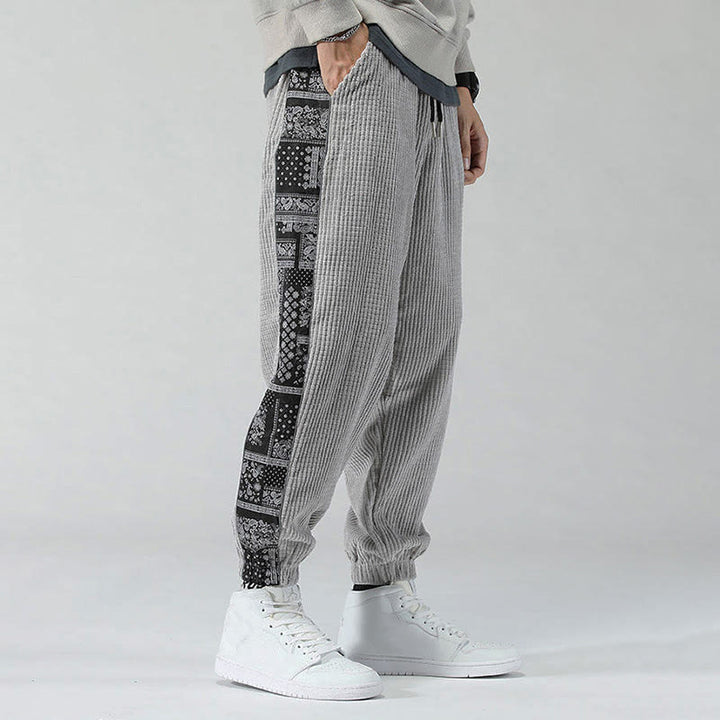 Pantalon homme en velours côtelé, coupe droite, longueur cheville, avec poches, motif cachemire et cordon de serrage latéral, orné de Buddha Stones. - image 14