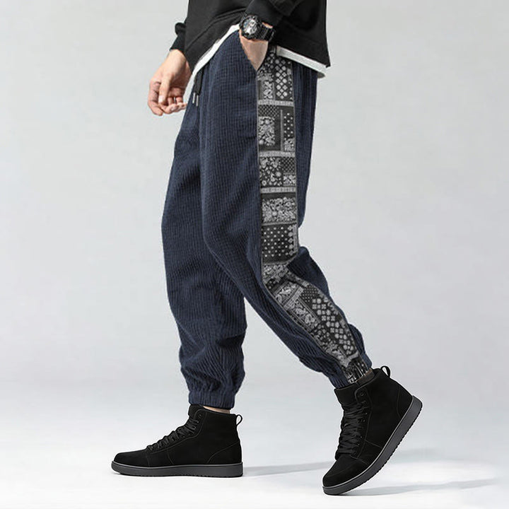 Pantalon homme en velours côtelé, coupe droite, longueur cheville, avec poches, motif cachemire et cordon de serrage latéral, orné de Buddha Stones. - image 33