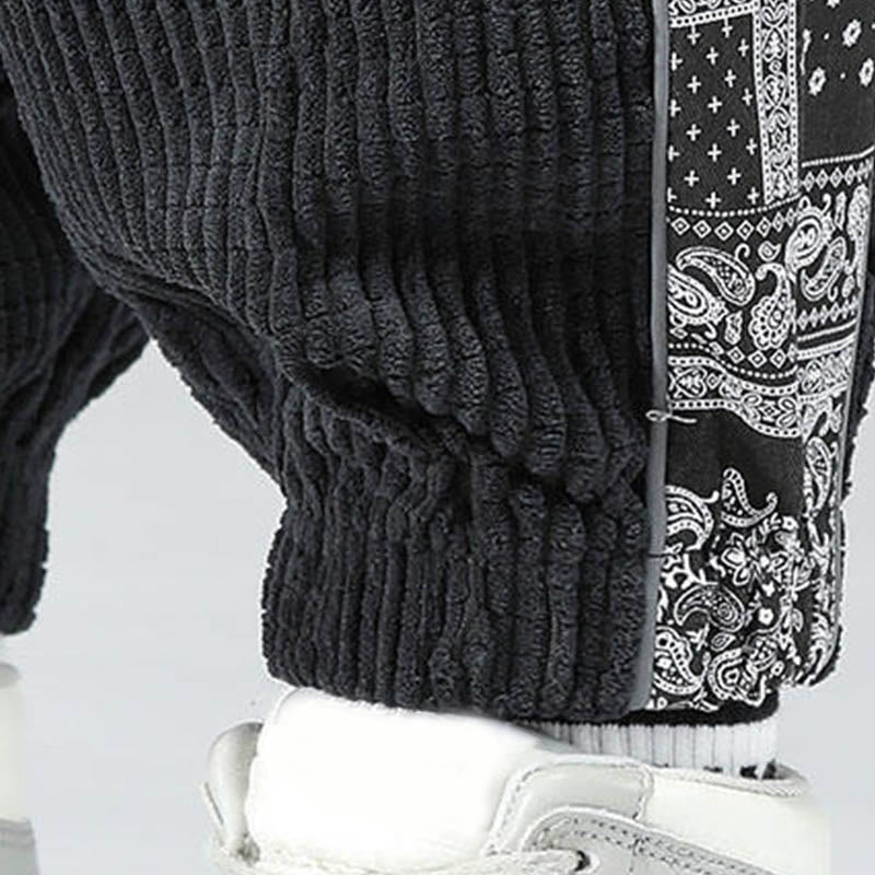 Pantalon homme en velours côtelé, coupe droite, longueur cheville, avec poches, motif cachemire et cordon de serrage latéral, orné de Buddha Stones. - image 12