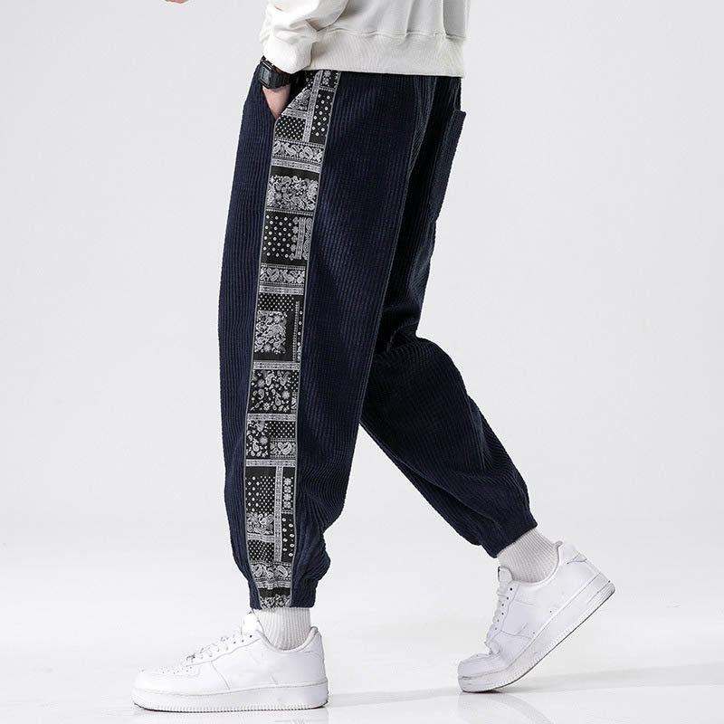 Pantalon homme en velours côtelé, coupe droite, longueur cheville, avec poches, motif cachemire et cordon de serrage latéral, orné de Buddha Stones. - image 32