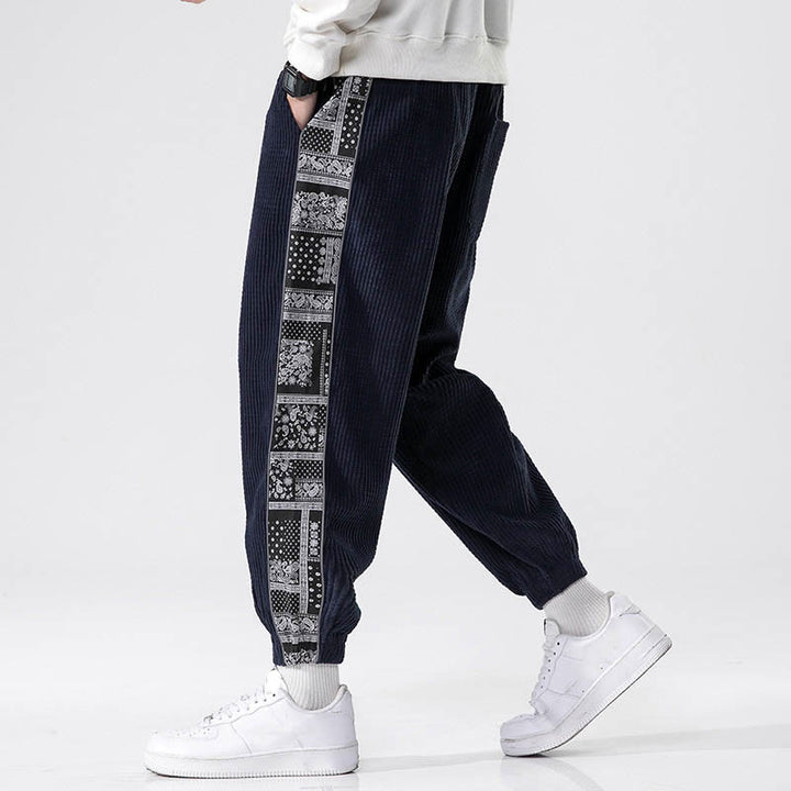 Pantalon homme en velours côtelé, coupe droite, longueur cheville, avec poches, motif cachemire et cordon de serrage latéral, orné de Buddha Stones. - image 32