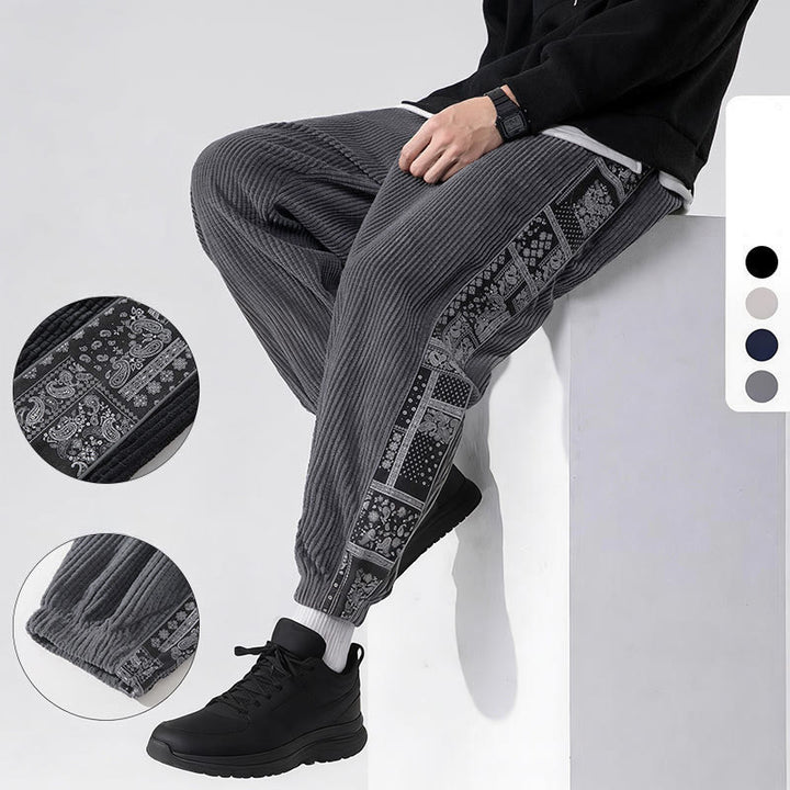 Pantalon homme en velours côtelé, coupe droite, longueur cheville, avec poches, motif cachemire et cordon de serrage latéral, orné de Buddha Stones. - image 26