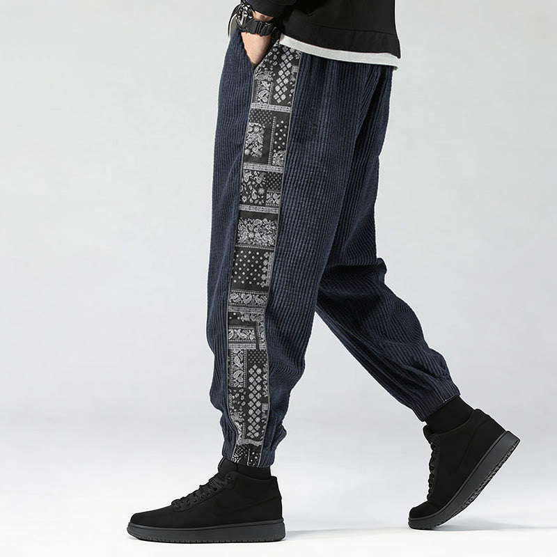 Pantalon homme en velours côtelé, coupe droite, longueur cheville, avec poches, motif cachemire et cordon de serrage latéral, orné de Buddha Stones. - image 29