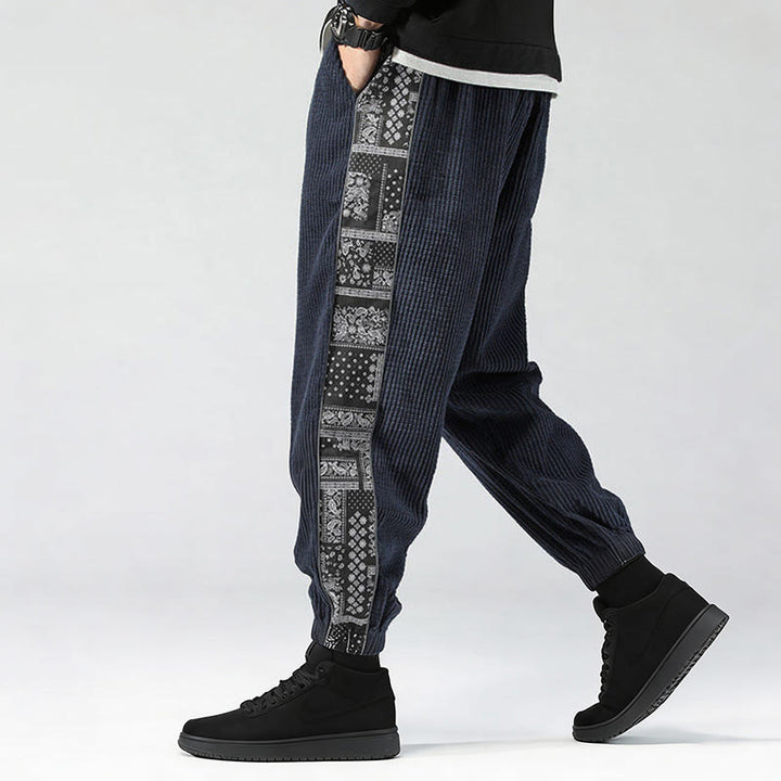 Pantalon homme en velours côtelé, coupe droite, longueur cheville, avec poches, motif cachemire et cordon de serrage latéral, orné de Buddha Stones. - image 29