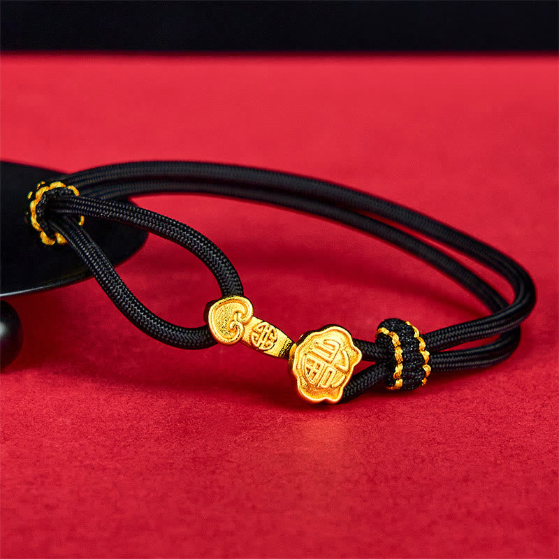 Buddha Stones Bracelet porte-bonheur ajustable Ruyi Handle Fu Character en cuivre plaqué or avec cordon doré - Cordon noir (Tour de poignet : 14-16 cm) - image 6