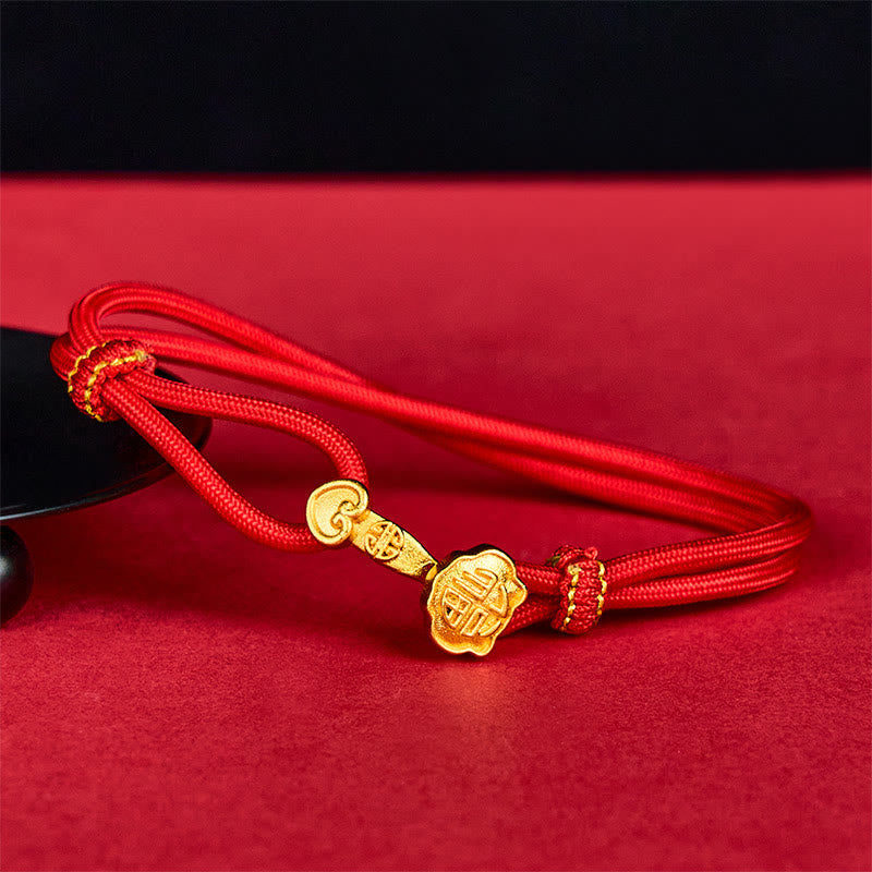 Buddha Stones Bracelet porte-bonheur ajustable Ruyi Handle Fu Character en cuivre plaqué or avec cordon doré - Cordon rouge (Tour de poignet : 14-16 cm) - image 0