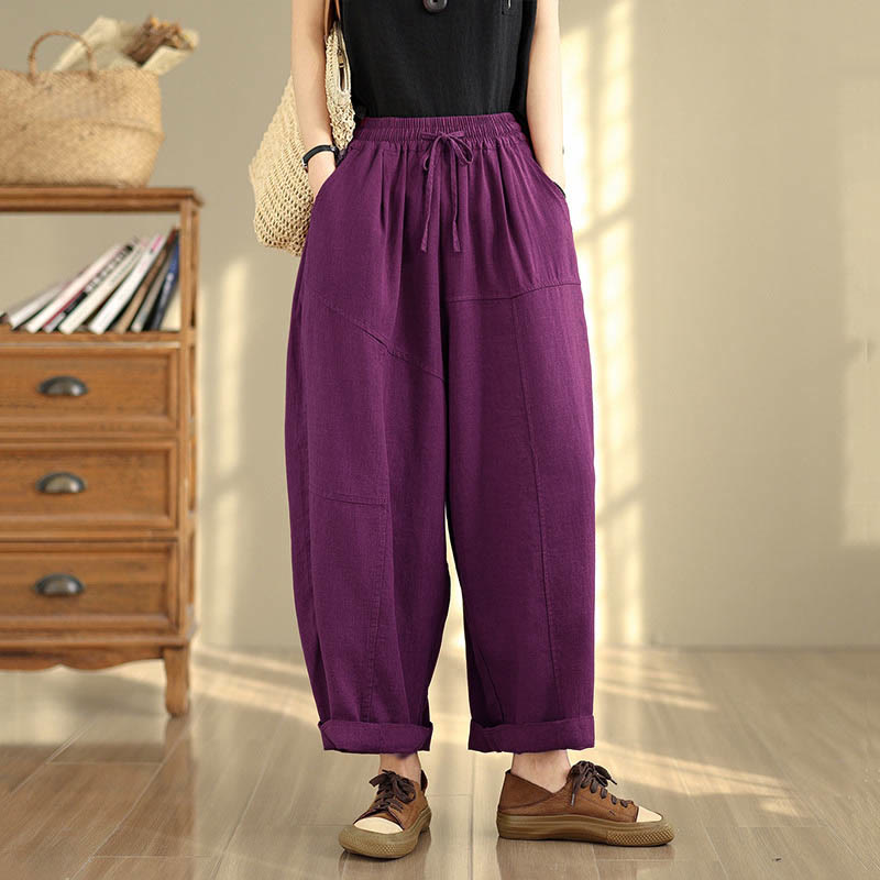 Pantalon d'automne uni pour femme Buddha Stones, en coton et lin, longueur 7-8, avec cordon de serrage et poches. - Magenta foncé - US12，UK/AU16，EU44 (2XL) - image 12