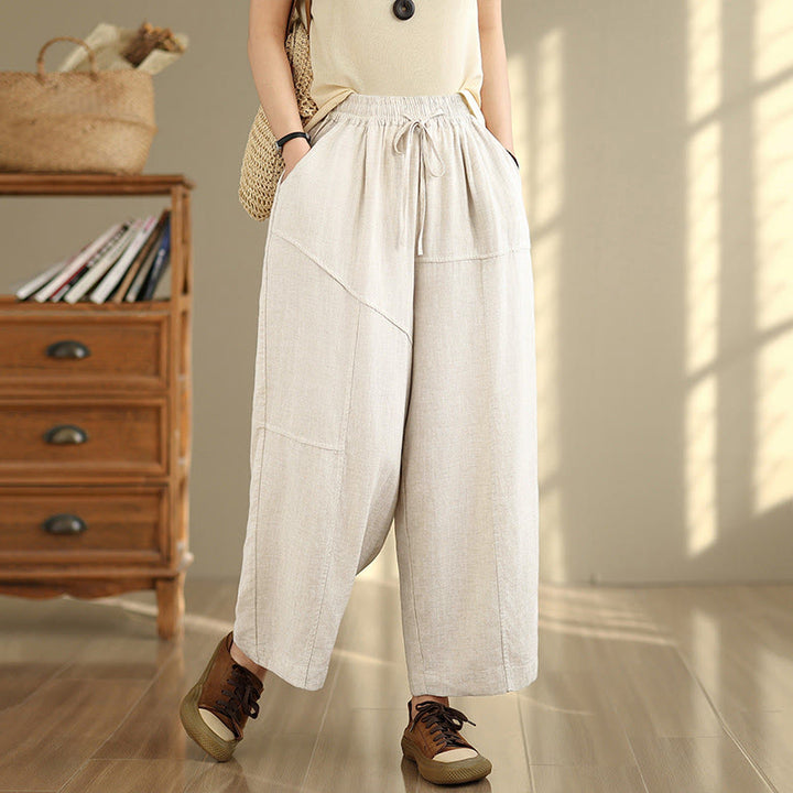 Pantalon d'automne uni pour femme Buddha Stones, en coton et lin, longueur 7-8, avec cordon de serrage et poches. - FloralWhite - US12，UK/AU16，EU44 (2XL) - image 0