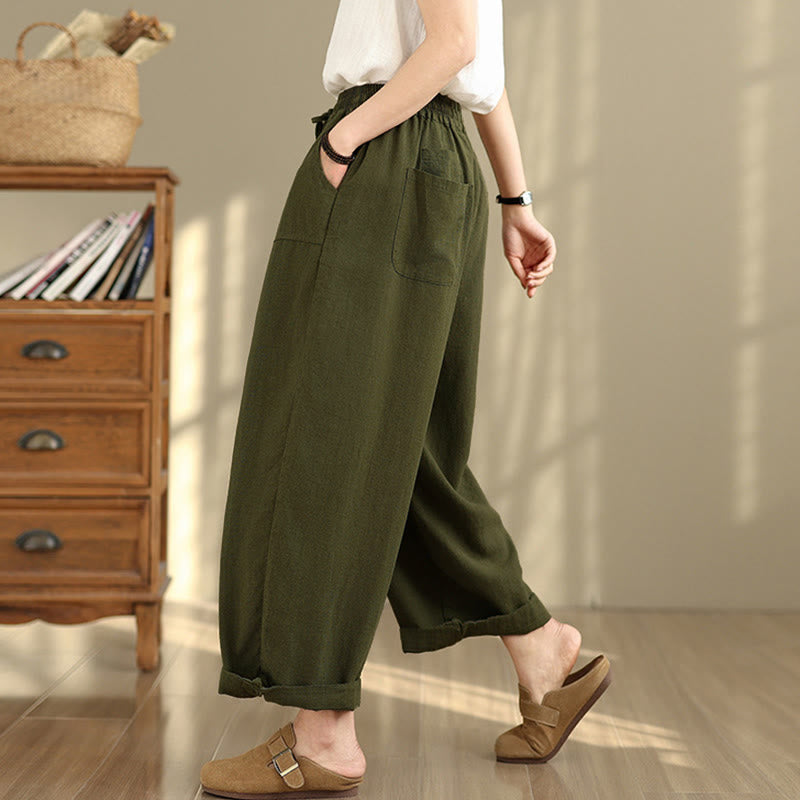 Pantalon d'automne uni pour femme Buddha Stones, en coton et lin, longueur 7-8, avec cordon de serrage et poches. - image 22