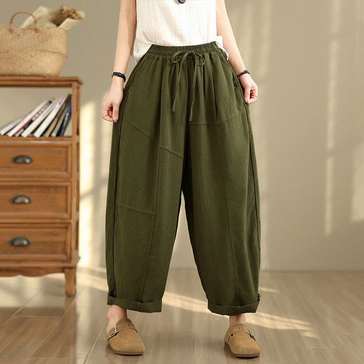 Pantalon d'automne uni pour femme Buddha Stones, en coton et lin, longueur 7-8, avec cordon de serrage et poches. - Vert olive - US12，UK/AU16，EU44 (2XL) - image 19