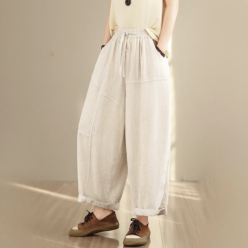 Pantalon d'automne uni pour femme Buddha Stones, en coton et lin, longueur 7-8, avec cordon de serrage et poches. - image 2