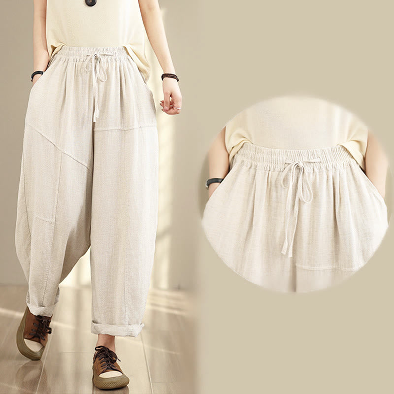 Pantalon d'automne uni pour femme Buddha Stones, en coton et lin, longueur 7-8, avec cordon de serrage et poches. - image 10