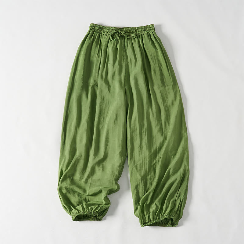 Pantalon d'été vert Buddha Stones en coton, longueur cheville, cordon de serrage, poches - image 1