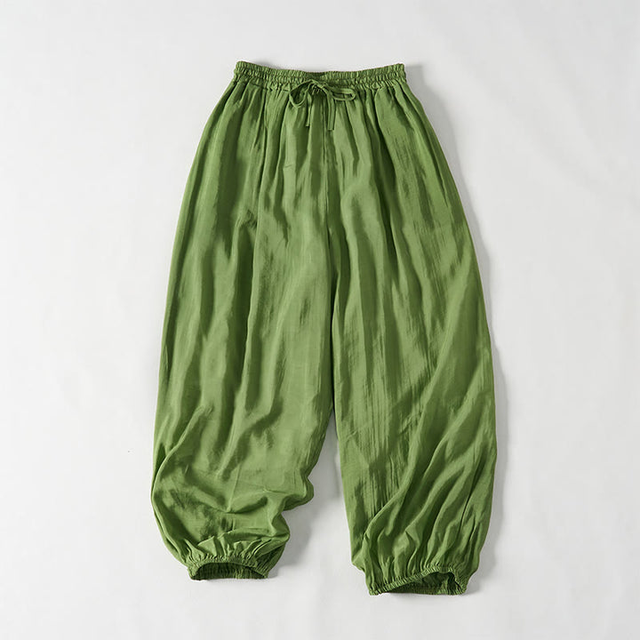 Pantalon d'été vert Buddha Stones en coton, longueur cheville, cordon de serrage, poches - image 1