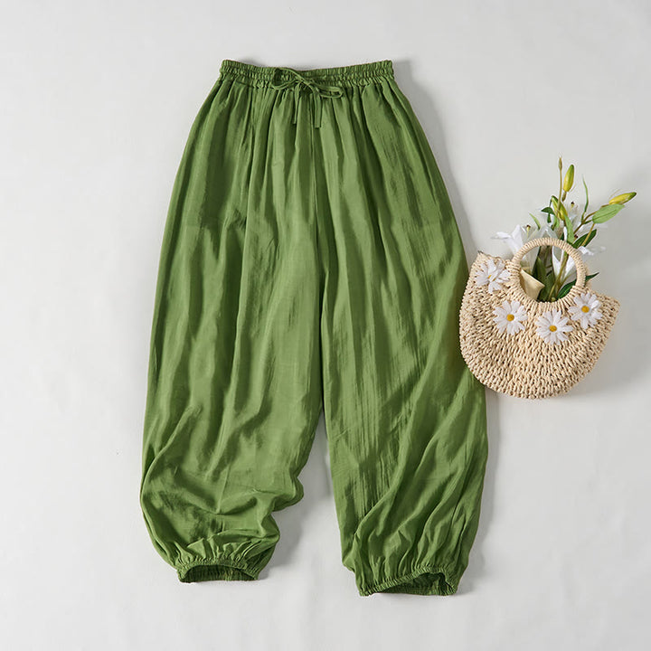 Pantalon d'été vert Buddha Stones en coton, longueur cheville, cordon de serrage, poches - Vert foncé - US14，UK/AU18，EU46 (2XL) - image 0