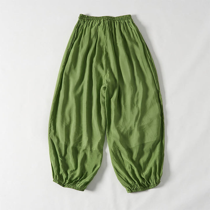 Pantalon d'été vert Buddha Stones en coton, longueur cheville, cordon de serrage, poches - image 2