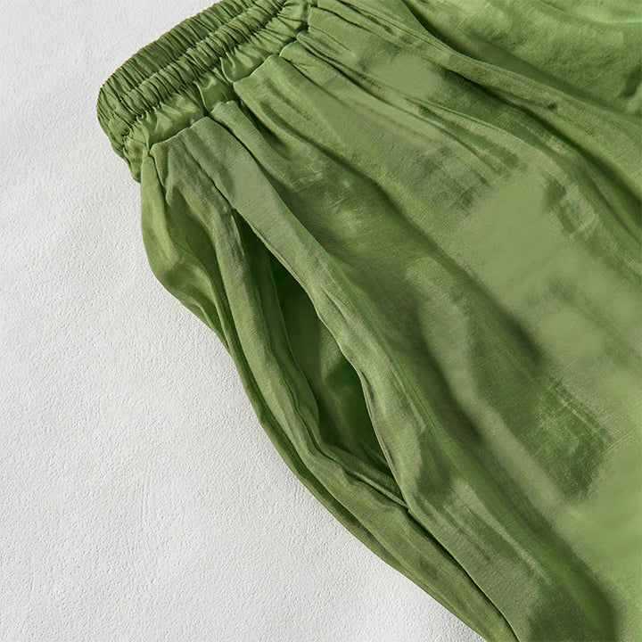 Pantalon d'été vert Buddha Stones en coton, longueur cheville, cordon de serrage, poches - image 4