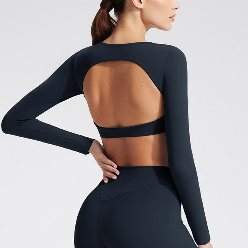 Soutien-gorge dos nu à manches longues Buddha Stones, débardeur de sport, fitness et yoga pour femme - Bleu ardoise foncé - US12，UK/AU16，EU44 (XL) - image 0