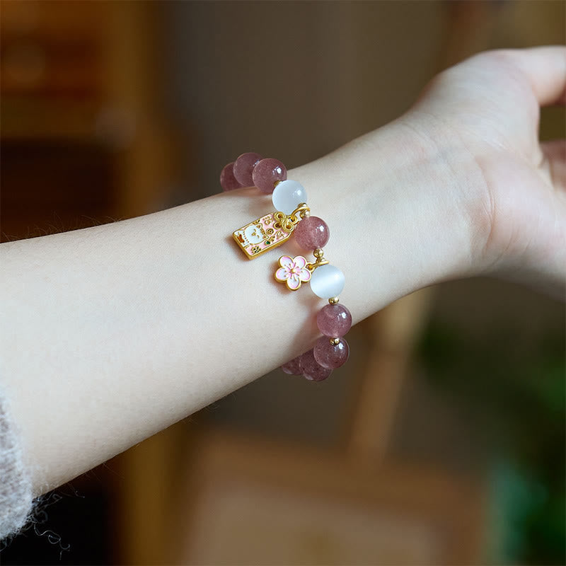 Bracelet de guérison en Buddha Stones , chat porte-bonheur, fleurs de pêcher, quartz fraise et œil de chat blanc - image 2