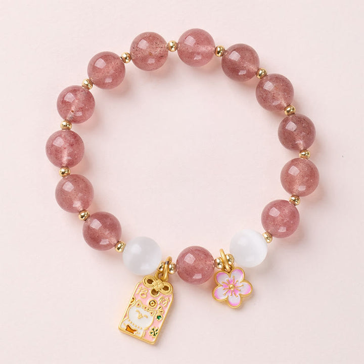 Bracelet de guérison en Buddha Stones , chat porte-bonheur, fleurs de pêcher, quartz fraise et œil de chat blanc - image 0
